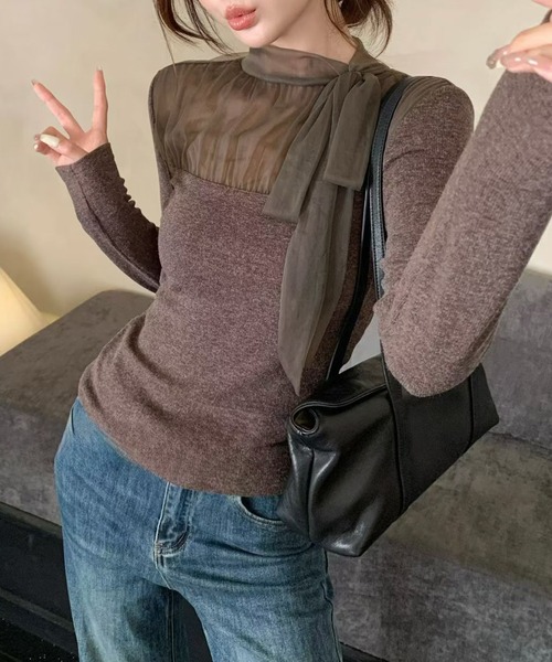 Lace Ladies（レースレディース）の「ボウタイ リボン シアー 長袖 リブ トップス（Tシャツ/カットソー・レディース・アイボリー/チャコールグレー/ブラウン/パープル・FREE）」の3枚目の写真