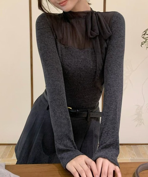 Lace Ladies（レースレディース）の「ボウタイ リボン シアー 長袖 リブ トップス（Tシャツ/カットソー・レディース・アイボリー/チャコールグレー/ブラウン/パープル・FREE）」の2枚目の写真