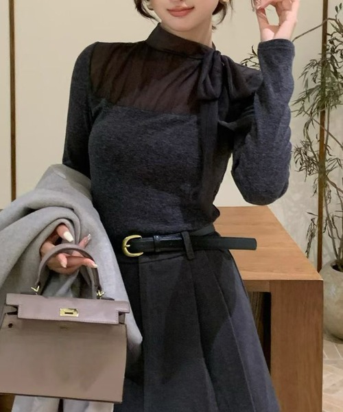 Lace Ladies（レースレディース）の「ボウタイ リボン シアー 長袖 リブ トップス（Tシャツ/カットソー・レディース・アイボリー/チャコールグレー/ブラウン/パープル・FREE）」の11枚目の写真