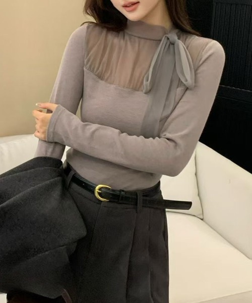 Lace Ladies（レースレディース）の「ボウタイ リボン シアー 長袖 リブ トップス（Tシャツ/カットソー・レディース・アイボリー/チャコールグレー/ブラウン/パープル・FREE）」の13枚目の写真