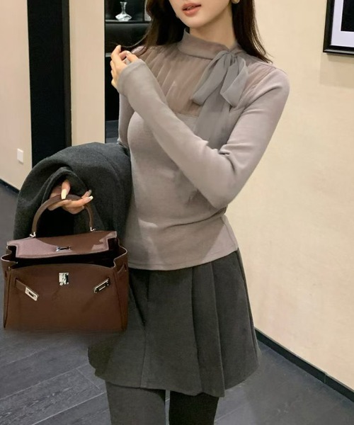 Lace Ladies（レースレディース）の「ボウタイ リボン シアー 長袖 リブ トップス（Tシャツ/カットソー・レディース・アイボリー/チャコールグレー/ブラウン/パープル・FREE）」の15枚目の写真