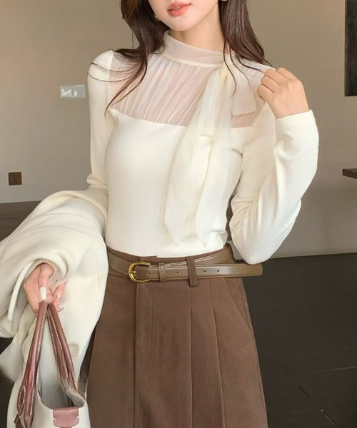 Lace Ladies（レースレディース）の「ボウタイ リボン シアー 長袖 リブ トップス（Tシャツ/カットソー・レディース・アイボリー/チャコールグレー/ブラウン/パープル・FREE）」の5枚目の写真