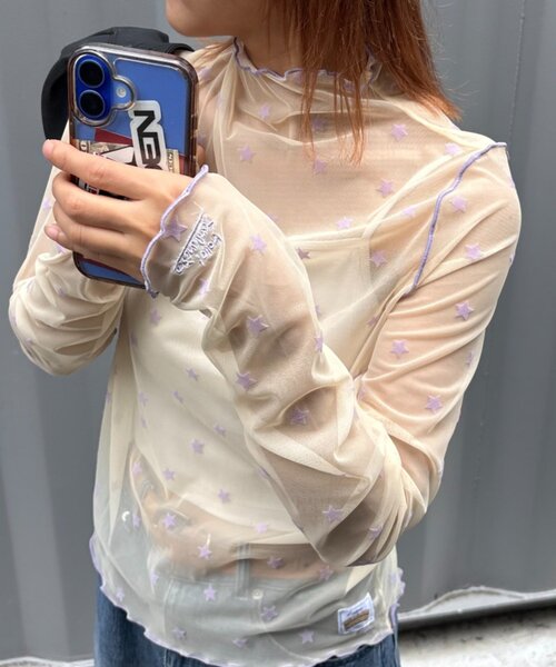 HELLO.SANFRANCISCO（ハローサンフランシスコ）の「★【HELLO.SANFRANCISCO/ハローサンフランシスコ】フロッキー星柄シアートップス（Tシャツ/カットソー・レディース・サックスブルー/ブラック/イエロー・ONE SIZE）」の3枚目の写真