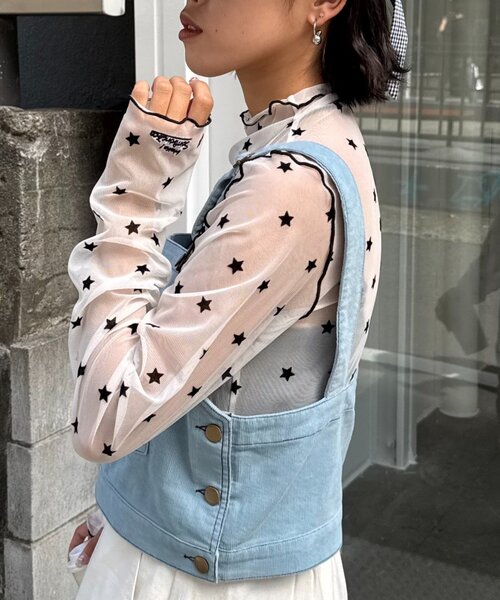 HELLO.SANFRANCISCO（ハローサンフランシスコ）の「★【HELLO.SANFRANCISCO/ハローサンフランシスコ】フロッキー星柄シアートップス（Tシャツ/カットソー・レディース・サックスブルー/ブラック/イエロー・ONE SIZE）」の17枚目の写真