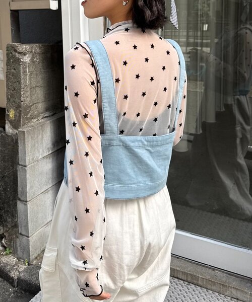 HELLO.SANFRANCISCO（ハローサンフランシスコ）の「★【HELLO.SANFRANCISCO/ハローサンフランシスコ】フロッキー星柄シアートップス（Tシャツ/カットソー・レディース・サックスブルー/ブラック/イエロー・ONE SIZE）」の18枚目の写真