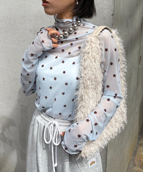 HELLO.SANFRANCISCO（ハローサンフランシスコ）の「★【HELLO.SANFRANCISCO/ハローサンフランシスコ】フロッキー星柄シアートップス（Tシャツ/カットソー・レディース・サックスブルー/ブラック/イエロー・ONE SIZE）」の13枚目の写真