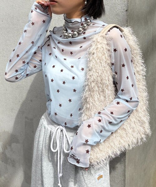 HELLO.SANFRANCISCO（ハローサンフランシスコ）の「★【HELLO.SANFRANCISCO/ハローサンフランシスコ】フロッキー星柄シアートップス（Tシャツ/カットソー・レディース・サックスブルー/ブラック/イエロー・ONE SIZE）」の14枚目の写真