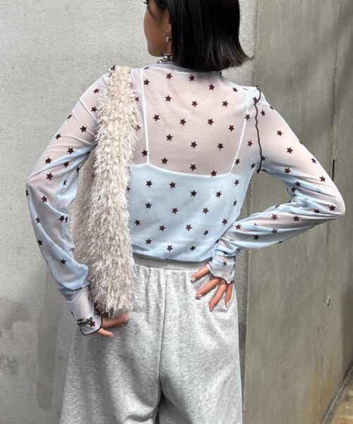 HELLO.SANFRANCISCO（ハローサンフランシスコ）の「★【HELLO.SANFRANCISCO/ハローサンフランシスコ】フロッキー星柄シアートップス（Tシャツ/カットソー・レディース・サックスブルー/ブラック/イエロー・ONE SIZE）」の4枚目の写真