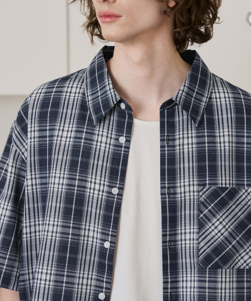 DRAW FIT（ドローフィット）の「スティーブンチェックハーフシャツ[NAVY]（シャツ/ブラウス・メンズ・その他・LARGE/MEDIUM/X-LARGE）」の2枚目の写真