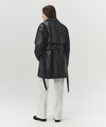 LEVAR（レバー）の「Faux Leather Half Trench Coat - Black（ライダースジャケット）」