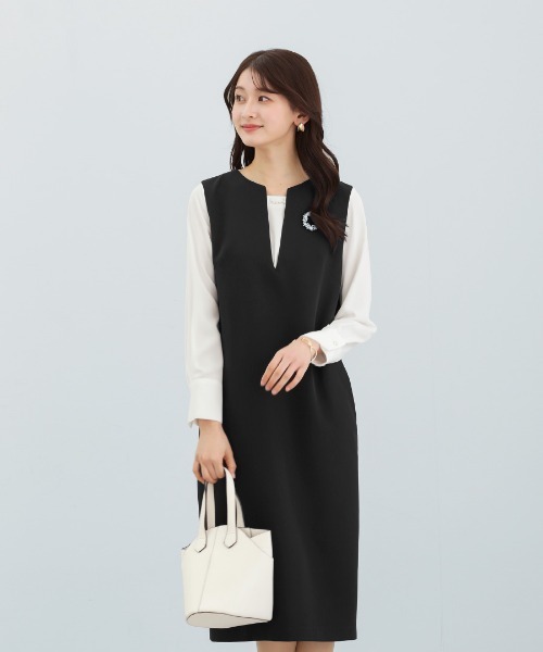 White Collection（ホワイトコレクション）の「多機能すぎるワンピース【UVカット･速乾・接触冷感･防シワ・ストレッチ･洗える】ダブルピケクロス・深キーネックバックペプラムIラインワンピース（ワンピース・レディース・ネイビー/ブラック・LL/L/M）」の13枚目の写真