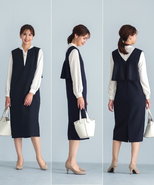 White Collection（ホワイトコレクション）の「多機能すぎるワンピース【UVカット･速乾・接触冷感･防シワ・ストレッチ･洗える】ダブルピケクロス・深キーネックバックペプラムIラインワンピース（ワンピース・レディース・ネイビー/ブラック・LL/L/M）」の11枚目の写真