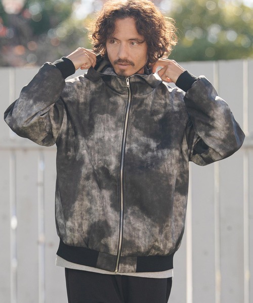 mj11312- Shade Synthetic Leather Hooded Jacket レザーフード