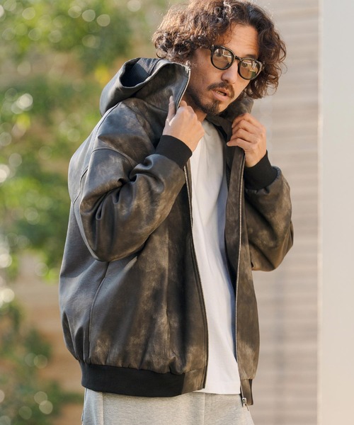 mj11312- Shade Synthetic Leather Hooded Jacket レザーフード