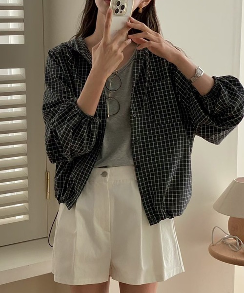 WEGO(ウィゴー)の「WEGO/チェックフードシャツパーカー/トップス(パーカー・レディース・ブラック/ホワイト・MEDIUM/LARGE)」の2枚目の写真