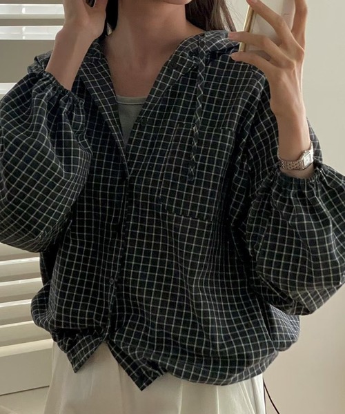 WEGO(ウィゴー)の「WEGO/チェックフードシャツパーカー/トップス(パーカー・レディース・ブラック/ホワイト・MEDIUM/LARGE)」の4枚目の写真