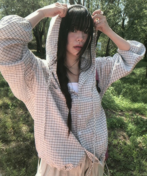 WEGO(ウィゴー)の「WEGO/チェックフードシャツパーカー/トップス(パーカー・レディース・ブラック/ホワイト・MEDIUM/LARGE)」の9枚目の写真