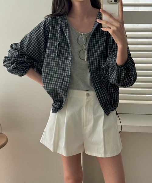 WEGO(ウィゴー)の「WEGO/チェックフードシャツパーカー/トップス(パーカー・レディース・ブラック/ホワイト・MEDIUM/LARGE)」の7枚目の写真