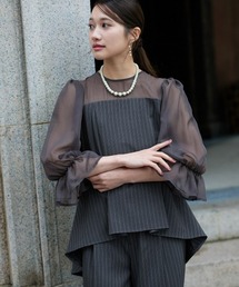 Jolie et Jolie | キャンディースリーブペプラムストライプブラウス＋ワイドパンツセットアップ(パンツドレス)