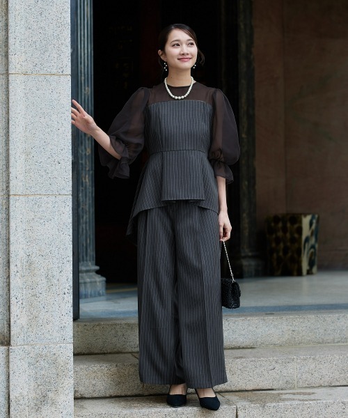 Jolie et Jolie（ジョリーエジョリー）の「キャンディースリーブペプラムストライプブラウス＋ワイドパンツセットアップ（パンツドレス・レディース・モカ/グレー・L/M/5L/4L/3L/LL）」の6枚目の写真