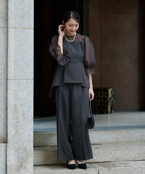 Jolie et Jolie（ジョリーエジョリー）の「キャンディースリーブペプラムストライプブラウス＋ワイドパンツセットアップ（パンツドレス・レディース・モカ/グレー・L/M/5L/4L/3L/LL）」の7枚目の写真