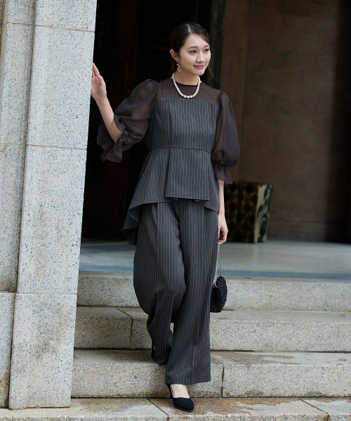 Jolie et Jolie（ジョリーエジョリー）の「キャンディースリーブペプラムストライプブラウス＋ワイドパンツセットアップ（パンツドレス・レディース・モカ/グレー・L/M/5L/4L/3L/LL）」の8枚目の写真