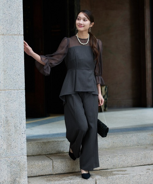 Jolie et Jolie（ジョリーエジョリー）の「キャンディースリーブペプラムストライプブラウス＋ワイドパンツセットアップ（パンツドレス・レディース・モカ/グレー・L/M/5L/4L/3L/LL）」の12枚目の写真
