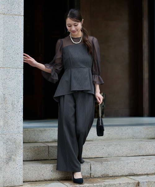 Jolie et Jolie（ジョリーエジョリー）の「キャンディースリーブペプラムストライプブラウス＋ワイドパンツセットアップ（パンツドレス・レディース・モカ/グレー・L/M/5L/4L/3L/LL）」の13枚目の写真