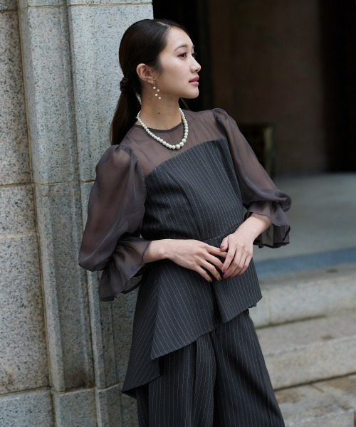 Jolie et Jolie（ジョリーエジョリー）の「キャンディースリーブペプラムストライプブラウス＋ワイドパンツセットアップ（パンツドレス・レディース・モカ/グレー・L/M/5L/4L/3L/LL）」の14枚目の写真