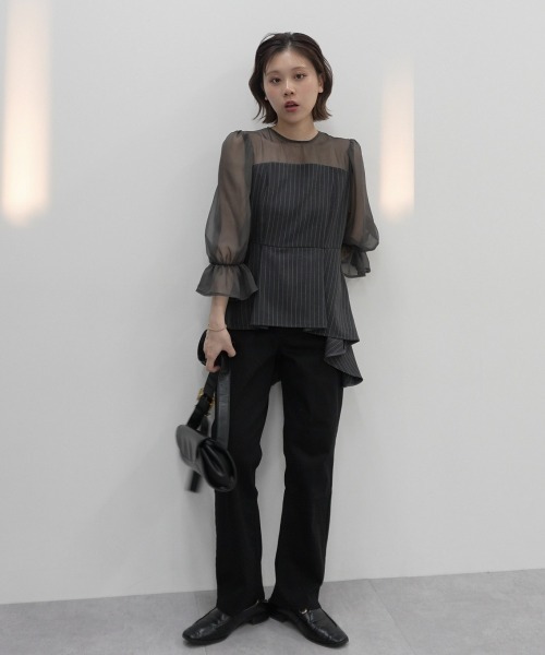 Jolie et Jolie（ジョリーエジョリー）の「キャンディースリーブペプラムストライプブラウス＋ワイドパンツセットアップ（パンツドレス・レディース・モカ/グレー・L/M/5L/4L/3L/LL）」の19枚目の写真