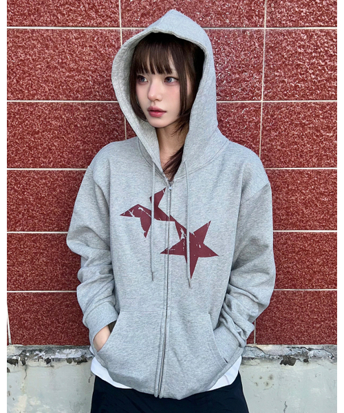 TWIN STAR ZIP UP HOODIE GREY(CV2FFUM498A)（パーカー）｜Cavish