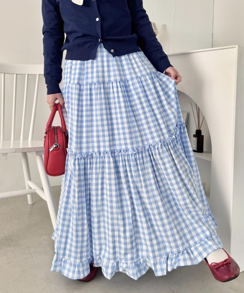 SOLLON.(ソルロン)の「裾フリルギンガムチェックロングスカート(スカート・レディース・ライトグリーン/ブラック/ライトブルー/ブルー・FREE)」の14枚目の写真