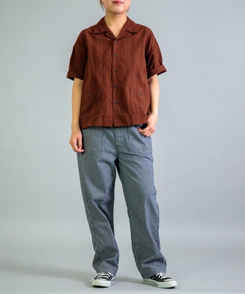OMNIGOD（オムニゴッド）の「[OMNIGOD womens / オムニゴッド] コットンリネンジャガード ショートスリーブシャツジャケット（シャツ/ブラウス・レディース・ホワイト/ブラウン・0）」の4枚目の写真