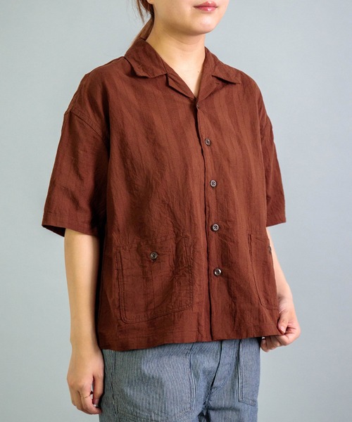 OMNIGOD（オムニゴッド）の「[OMNIGOD womens / オムニゴッド] コットンリネンジャガード ショートスリーブシャツジャケット（シャツ/ブラウス・レディース・ホワイト/ブラウン・0）」の3枚目の写真