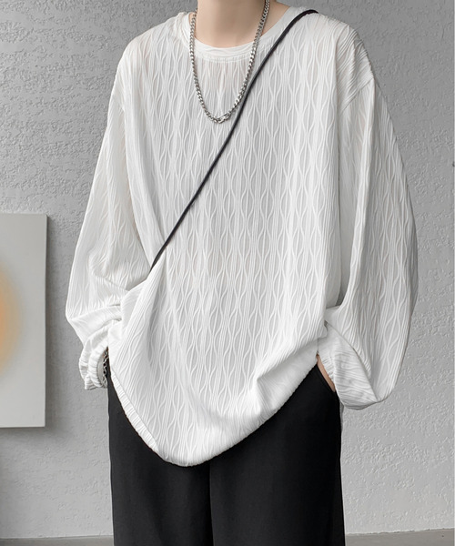 neos（ネオス）の「【neos】ロングTシャツ メンズ エンボス ストライプ ウェーブ柄 ルーズシルエット きれいめ（Tシャツ/カットソー・メンズ・ホワイト/ブラック/ワインレッド・MEDIUM/LARGE/X-LARGE）」の2枚目の写真