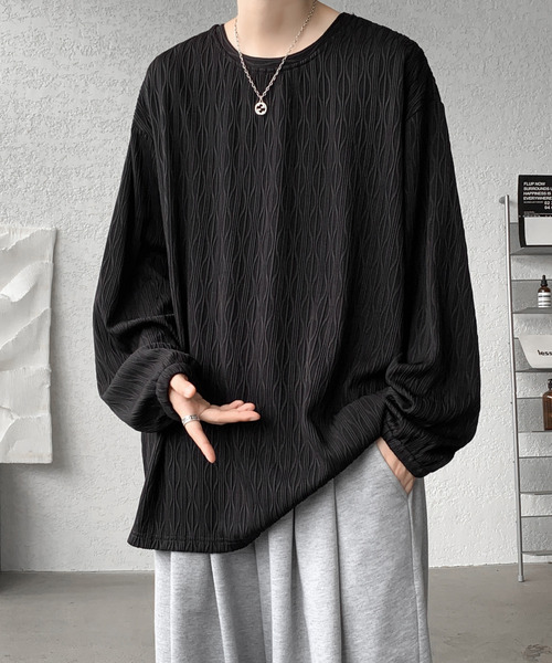 neos（ネオス）の「【neos】ロングTシャツ メンズ エンボス ストライプ ウェーブ柄 ルーズシルエット きれいめ（Tシャツ/カットソー・メンズ・ホワイト/ブラック/ワインレッド・MEDIUM/LARGE/X-LARGE）」の3枚目の写真