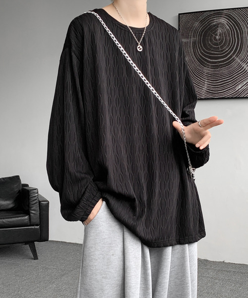 neos（ネオス）の「【neos】ロングTシャツ メンズ エンボス ストライプ ウェーブ柄 ルーズシルエット きれいめ（Tシャツ/カットソー・メンズ・ホワイト/ブラック/ワインレッド・MEDIUM/LARGE/X-LARGE）」の6枚目の写真