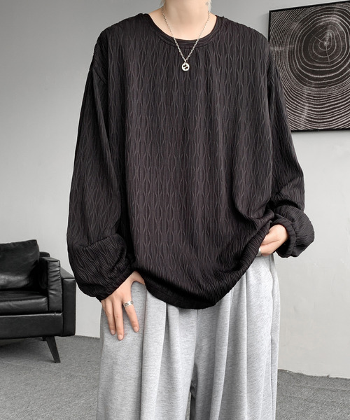 neos（ネオス）の「【neos】ロングTシャツ メンズ エンボス ストライプ ウェーブ柄 ルーズシルエット きれいめ（Tシャツ/カットソー・メンズ・ホワイト/ブラック/ワインレッド・MEDIUM/LARGE/X-LARGE）」の8枚目の写真