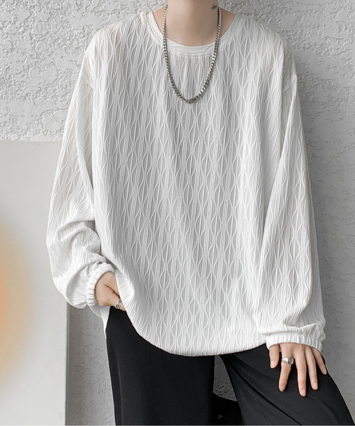 neos（ネオス）の「【neos】ロングTシャツ メンズ エンボス ストライプ ウェーブ柄 ルーズシルエット きれいめ（Tシャツ/カットソー・メンズ・ホワイト/ブラック/ワインレッド・MEDIUM/LARGE/X-LARGE）」の9枚目の写真