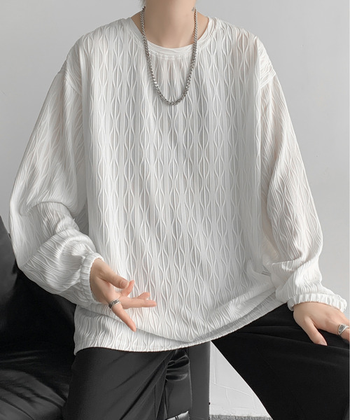 neos（ネオス）の「【neos】ロングTシャツ メンズ エンボス ストライプ ウェーブ柄 ルーズシルエット きれいめ（Tシャツ/カットソー・メンズ・ホワイト/ブラック/ワインレッド・MEDIUM/LARGE/X-LARGE）」の10枚目の写真