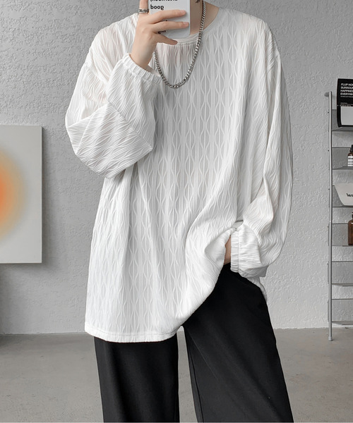 neos（ネオス）の「【neos】ロングTシャツ メンズ エンボス ストライプ ウェーブ柄 ルーズシルエット きれいめ（Tシャツ/カットソー・メンズ・ホワイト/ブラック/ワインレッド・MEDIUM/LARGE/X-LARGE）」の11枚目の写真