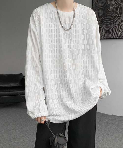 neos（ネオス）の「【neos】ロングTシャツ メンズ エンボス ストライプ ウェーブ柄 ルーズシルエット きれいめ（Tシャツ/カットソー・メンズ・ホワイト/ブラック/ワインレッド・MEDIUM/LARGE/X-LARGE）」の12枚目の写真