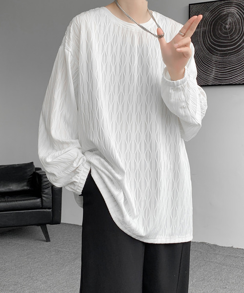 neos（ネオス）の「【neos】ロングTシャツ メンズ エンボス ストライプ ウェーブ柄 ルーズシルエット きれいめ（Tシャツ/カットソー・メンズ・ホワイト/ブラック/ワインレッド・MEDIUM/LARGE/X-LARGE）」の13枚目の写真