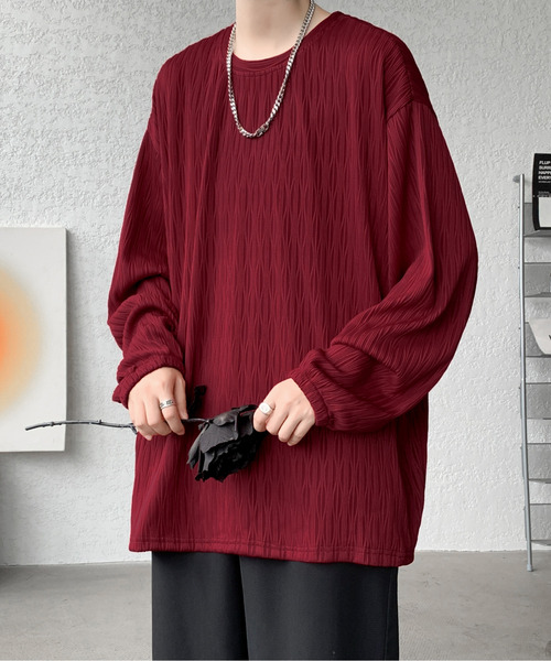 neos（ネオス）の「【neos】ロングTシャツ メンズ エンボス ストライプ ウェーブ柄 ルーズシルエット きれいめ（Tシャツ/カットソー・メンズ・ホワイト/ブラック/ワインレッド・MEDIUM/LARGE/X-LARGE）」の14枚目の写真