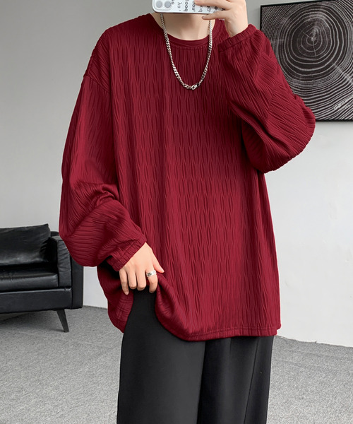 neos（ネオス）の「【neos】ロングTシャツ メンズ エンボス ストライプ ウェーブ柄 ルーズシルエット きれいめ（Tシャツ/カットソー・メンズ・ホワイト/ブラック/ワインレッド・MEDIUM/LARGE/X-LARGE）」の15枚目の写真