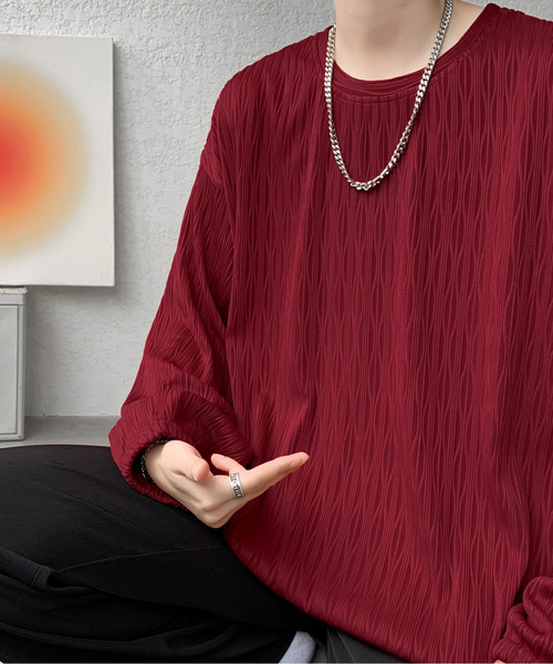 neos（ネオス）の「【neos】ロングTシャツ メンズ エンボス ストライプ ウェーブ柄 ルーズシルエット きれいめ（Tシャツ/カットソー・メンズ・ホワイト/ブラック/ワインレッド・MEDIUM/LARGE/X-LARGE）」の16枚目の写真