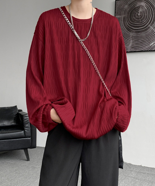 neos（ネオス）の「【neos】ロングTシャツ メンズ エンボス ストライプ ウェーブ柄 ルーズシルエット きれいめ（Tシャツ/カットソー・メンズ・ホワイト/ブラック/ワインレッド・MEDIUM/LARGE/X-LARGE）」の17枚目の写真