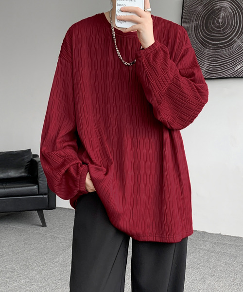 neos（ネオス）の「【neos】ロングTシャツ メンズ エンボス ストライプ ウェーブ柄 ルーズシルエット きれいめ（Tシャツ/カットソー・メンズ・ホワイト/ブラック/ワインレッド・MEDIUM/LARGE/X-LARGE）」の18枚目の写真