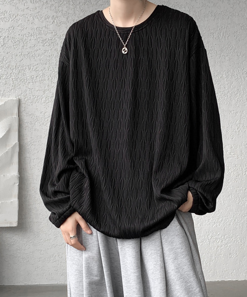 neos（ネオス）の「【neos】ロングTシャツ メンズ エンボス ストライプ ウェーブ柄 ルーズシルエット きれいめ（Tシャツ/カットソー・メンズ・ホワイト/ブラック/ワインレッド・MEDIUM/LARGE/X-LARGE）」の4枚目の写真