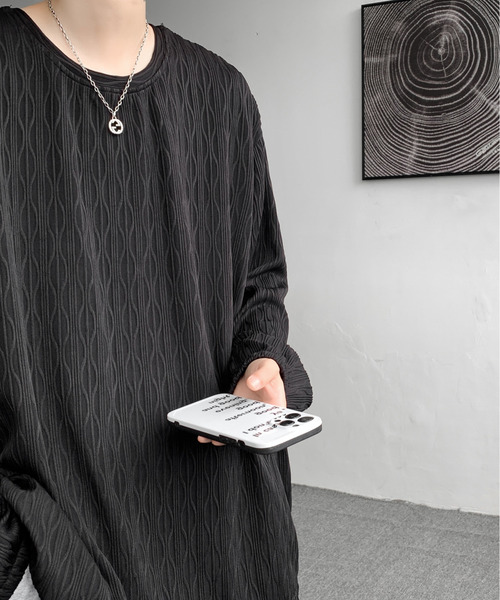 neos（ネオス）の「【neos】ロングTシャツ メンズ エンボス ストライプ ウェーブ柄 ルーズシルエット きれいめ（Tシャツ/カットソー・メンズ・ホワイト/ブラック/ワインレッド・MEDIUM/LARGE/X-LARGE）」の5枚目の写真